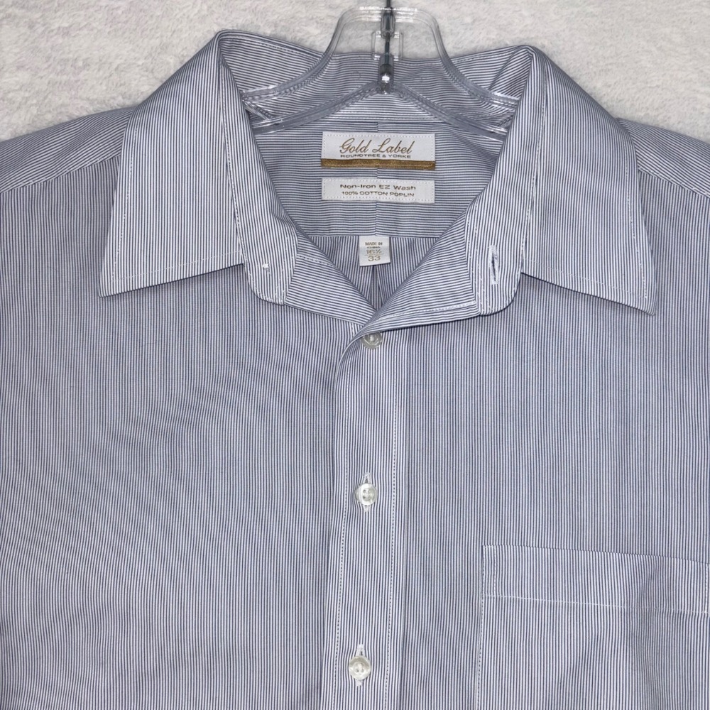 Roundtree & Yorke Gold Label Men 16.5 33 Non-Iron Cotton Stripe Dress Shirt Blue
